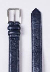 Navy leather belt with a silver rectangular buckle, featuring textured finish, adjustable with multiple holes, and pointed tip design.
