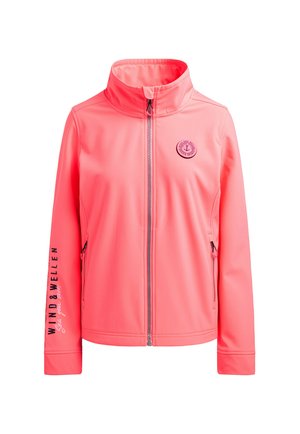 Softshell jacket in bright coral pink with full front zipper, stand-up collar, zippered side pockets, and logo text on left sleeve and chest.