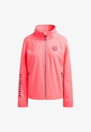 Softshell jacket in bright coral pink with full front zipper, stand-up collar, zippered side pockets, and logo text on left sleeve and chest.