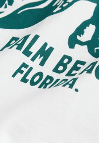 Weißer Stoff mit grüner Schrift und Grafiken, auf denen "Palm Beach, Florida" steht. Das Design beinhaltet eine stilisierte Hand und Wellen.
