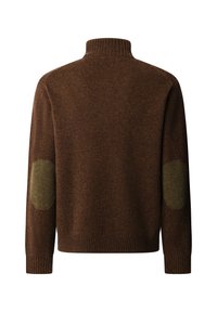 Brauner Wollpullover mit hoch geripptem Kragen, Bündchen, Saum und kontrastierenden olivgrünen Ellbogen-Patches an den langen Ärmeln.