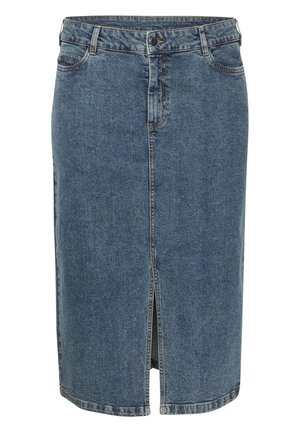 Denim rok in medium blauw met een vooruitsparing, vijf zakken en riemlussen. Klassieke snit met zichtbare stiksels en een knoopsluiting.