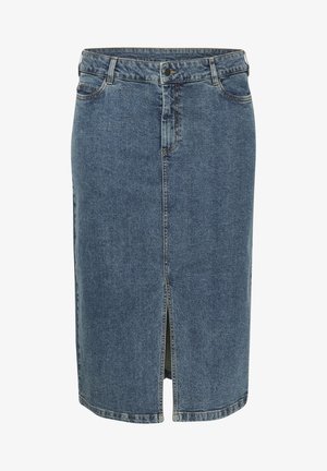 Gonna in denim di blu medio con spacco frontale, cinque tasche e passanti per cintura. Taglio classico con cuciture visibili e chiusura a bottoni.