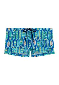 Badeshorts mit blauem Hintergrund und bunten, gemusterten Blattformen. Mit einem schwarzen Kordelzug an der Taille.