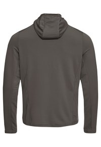 Sweat à capuche gris foncé, doté d'un tissu texturé, de manches longues et d'une coupe décontractée. Aucune quincaillerie ou motif visible.
