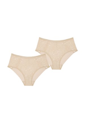 Beige lace hipster panties with floral patterns and soft elastic waistband. Features a smooth texture and a modest cut. Set of two.