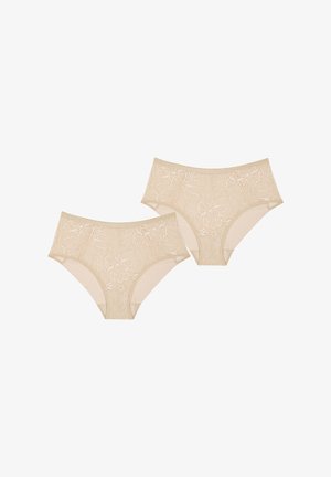 Beige hipster slipje van kant met bloemmotieven en een zachte elastische tailleband. Heeft een gladde textuur en een bescheiden snit. Set van twee.