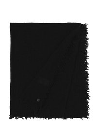 Schwarzer Schal aus einem strukturierten Stoff, mit ausgefransten Kanten und einem Knopfdetail. Das Gesamtdesign ist rechteckig und leicht.
