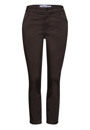 Donkerbruine slim-fit broek met voorzakken, knoopsluiting en riemlussen, cropped bij de enkels.