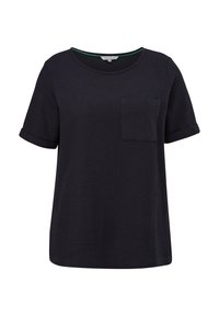 Chemise noire à manches courtes avec encolure ronde, poche poitrine devant et poignets de manches retroussés, tissu uni texturé.