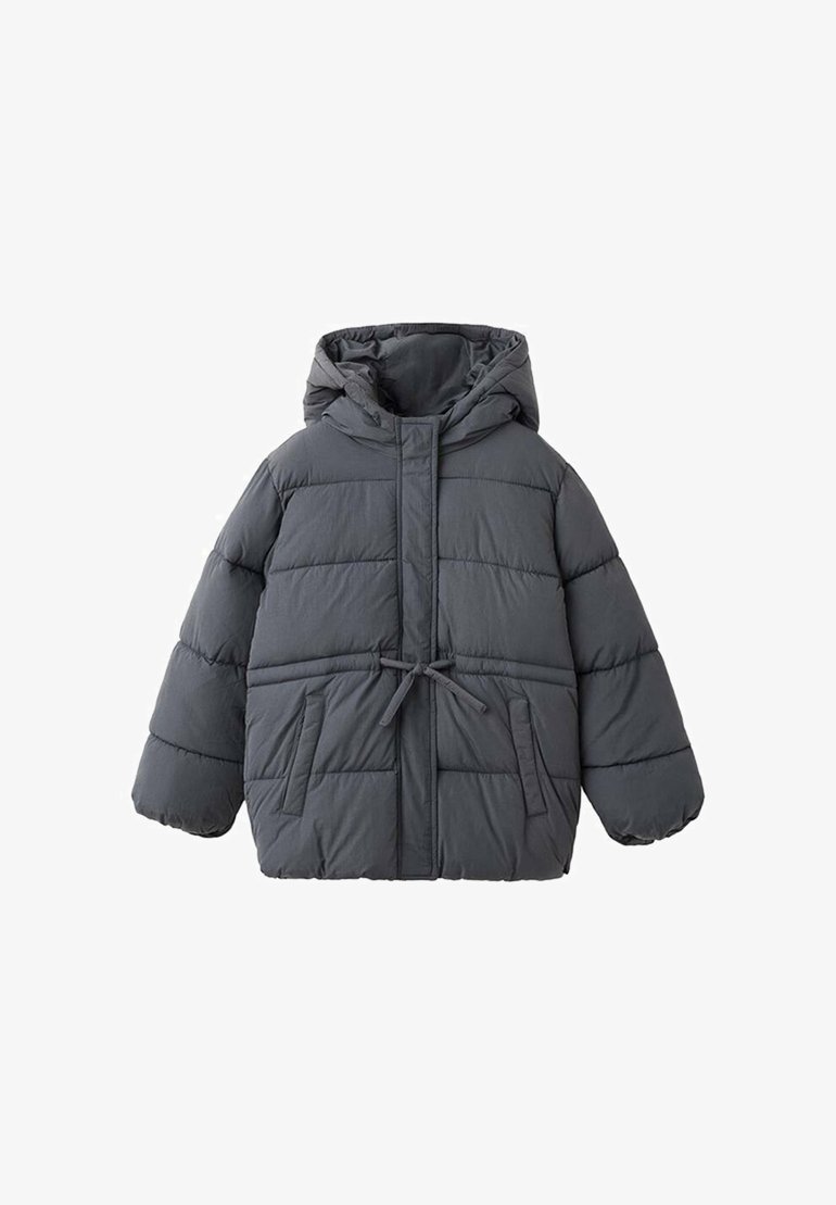 Dark gray puffer jacket with a hood, featuring a front tie, two pockets, and stitched pattern detailing for insulation.