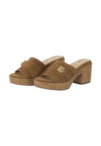 Mules open-toe in suede marrone con una piattaforma in sughero e tacco a blocco, caratterizzati da una fascia larga e dettagli in metallo dorato.