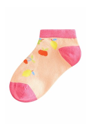 Calzino alla caviglia color pesca con polsino rosa, decorato con motivi di frutta colorata, inclusi arance e limoni, e un design a maglia strutturata.