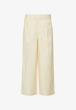Wide-leg, high-waist cream-colored pants with an elastic waistband and front seam detailing.