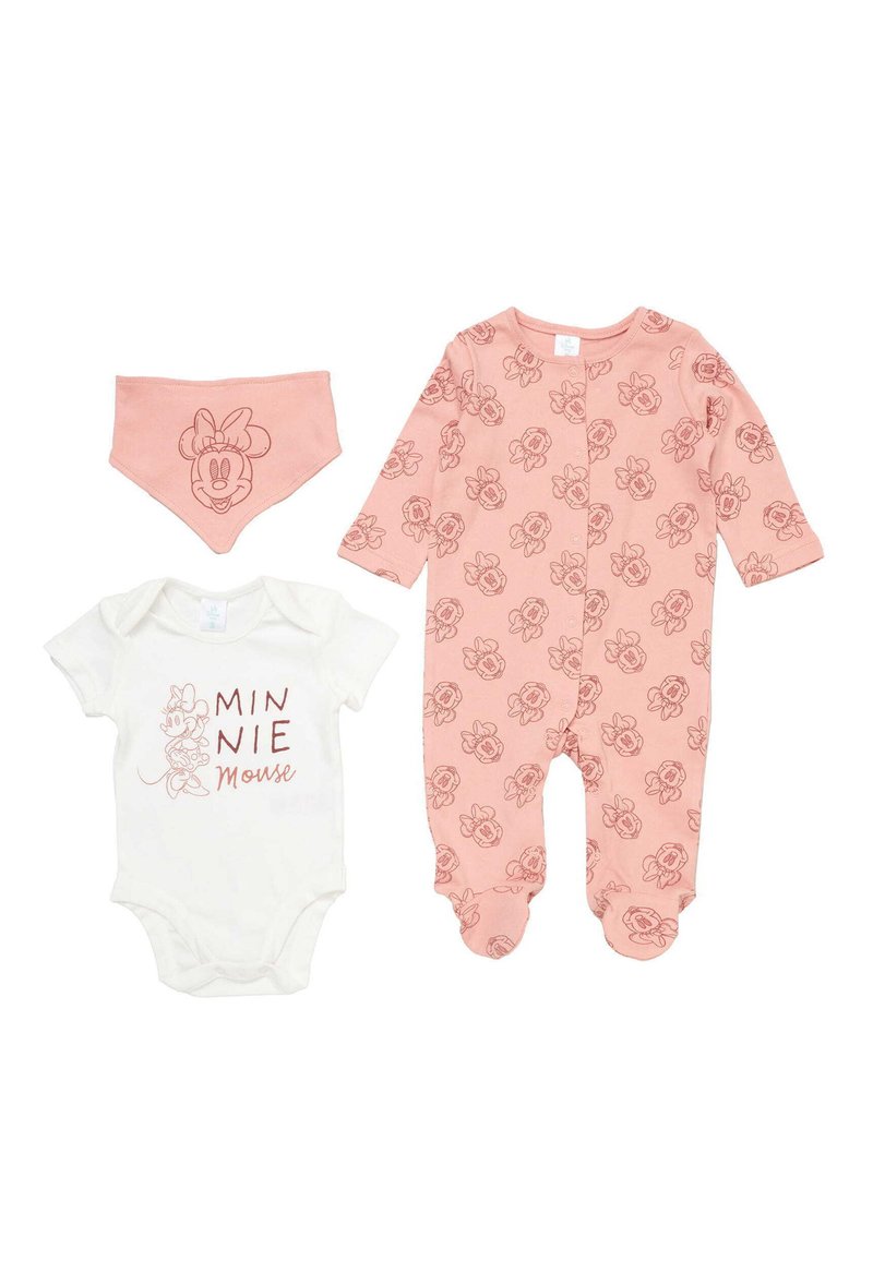 Set per bambini composto da tre pezzi: un pagliaccetto con stampa all-over di Minnie Mouse rosa, un body bianco con scritta e un bavaglino bandana rosa con il viso di Minnie.
