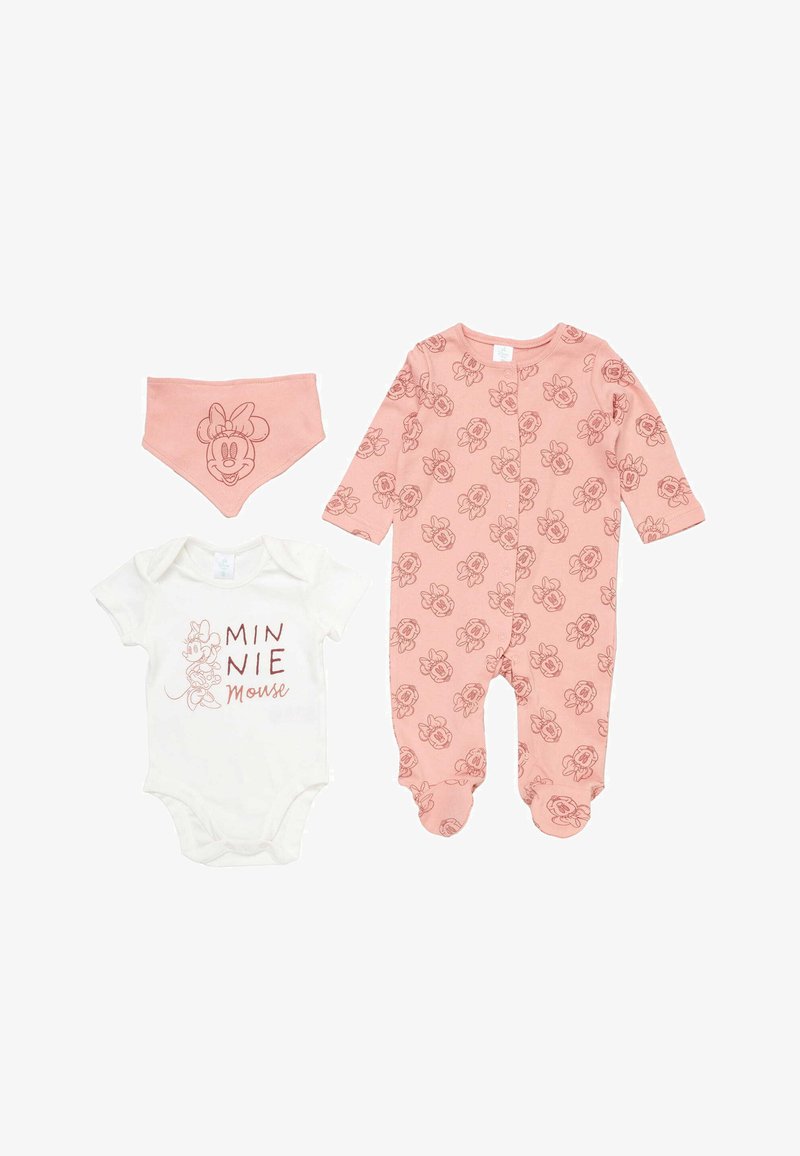 Tre-delars babyset med rosa Minnie Mouse-mönster på sparkdräkt, vit bodysuit med text och rosa bandana med Minnies ansikte.