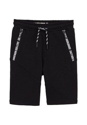 Shorts noirs décontractés avec cordon blanc et noir, deux poches zippées avec texte blanc "Salty Dog Worldwide".