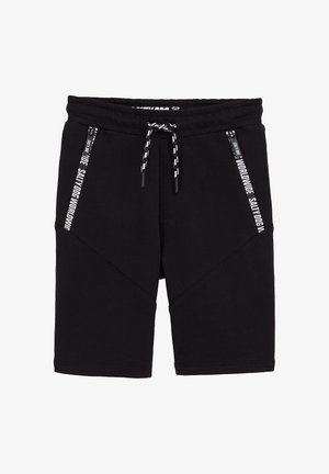 Sorte afslappede shorts med hvid og sort snor, to lynlåslommer med hvid tekst "Salty Dog Worldwide".