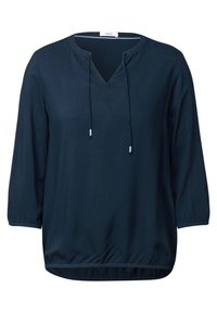 Marineblauwe blouse met een V-hals, trekkoorddetail en driekwart mouwen. Zacht materiaal met een lichte textuur en een elastische zoom.