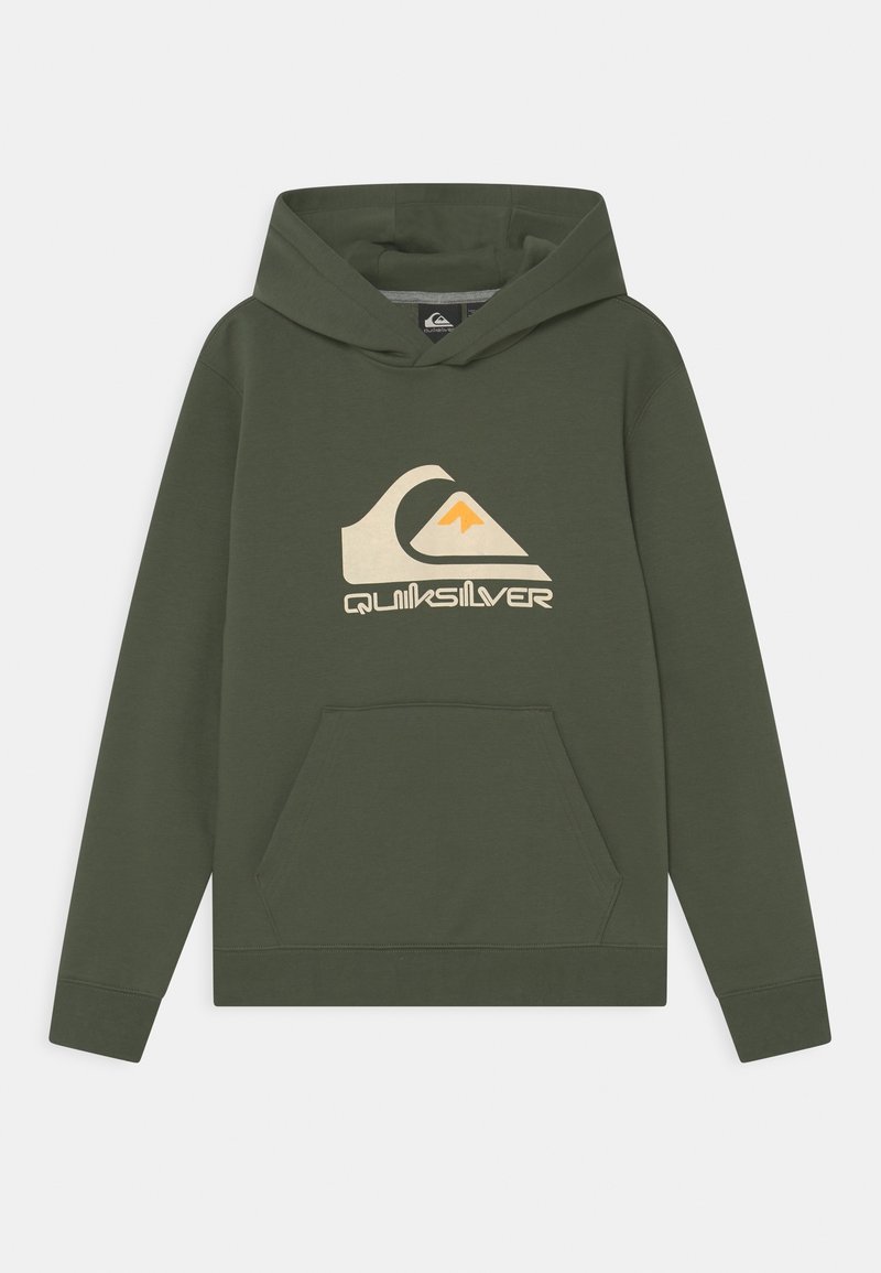 Felpa con cappuccio verde scuro, con tasca frontale e logo Quiksilver beige che presenta un'onda e una montagna stilizzate.