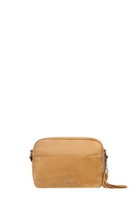 Borsa a spalla in pelle tan con parte anteriore liscia e retro in suede, dotata di chiusura con zip, un elegante pon-pon decorativo e un logo del marchio.