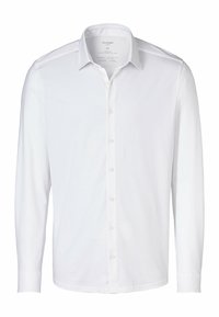 Witte lange mouwen overhemd gemaakt van gladde stof, met een standaard kraag, volledige knoopsluiting aan de voorkant en geknoopte manchetten met een rechte zoom.