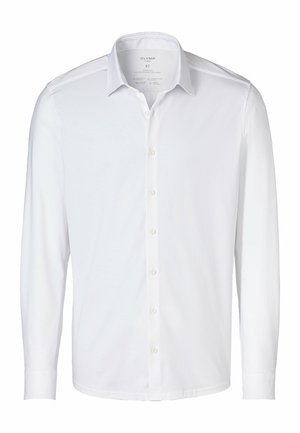 Camicia bianca a maniche lunghe realizzata in tessuto morbido, con colletto standard, chiusura frontale con bottoni e polsini con bottoni, hem dritto.