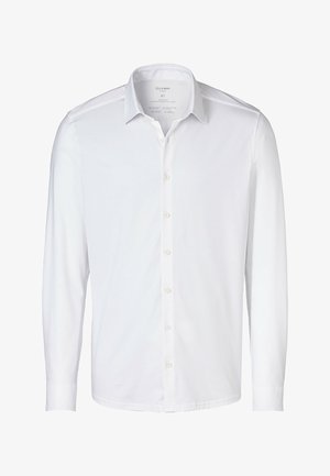White long-sleeve shirt made of smooth fabric, featuring a standard collar, full button front, and buttoned cuffs with a straight hem.
