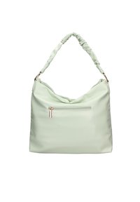 Borsa sintetica verde chiaro con manico arricciato, apertura superiore e tasca frontale con zip. Texture liscia con una leggera lucentezza.
