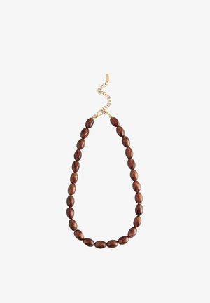 Brown beaded necklace featuring oval wooden beads with a smooth texture, secured by a gold-tone chain and lobster clasp closure.