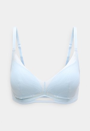 Απαλό γαλάζιο ασύρματο σουτιέν από υφαντό ύφασμα, με λεία, μινιμαλιστική σχεδίαση, ρυθμιζόμενες τιράντες και χωρίς μπανέλα.