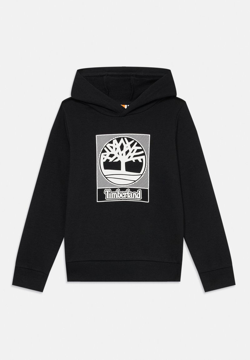Svart hoodie i bomullsblandning med en vit grafik med ett trädlogotyp och texten "Timberland", minimalistisk design och ribbade ärmslut.