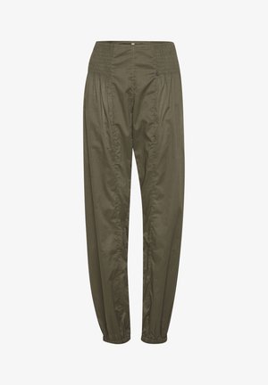 Oliivrohelised püksid, millel on smockitud vöökoht, kitsenevad jalad ja elastsed mansetid. Valmistatud kergest kangast, millel on peened kortsusdetailid.