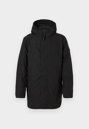 Schwarze isolierte Parka-Jacke mit Kapuze, ausgestattet mit einem Front-Reißverschluss, zwei diagonalen Seitentaschen und einer glatten, matten Textur.