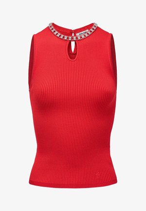 Červený žebrovaný bezramínkový top s kulatým výstřihem, který má ozdobný límec a detail ve tvaru klíčové dírky na zadní straně. Tkaná textura, těsně přiléhající střih.
