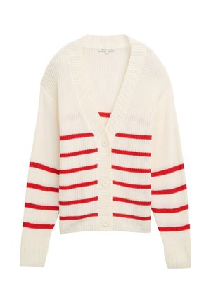 Off-white cardigan met rode horizontale strepen, met een V-hals, lange mouwen en vijf knopen aan de voorkant. Geribbelde textuur.
