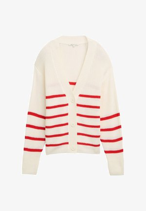 Kreemikat vest, millel on punased horisontaalsed triibud, V-kaelus, täispikkuses varrukad ja viis nööpi ees. Ribikujundus.