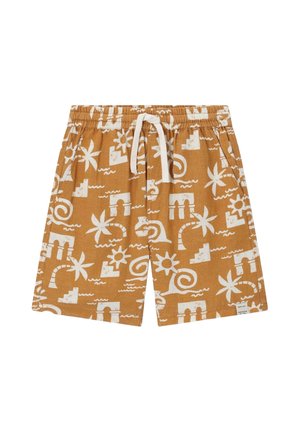 Short marron avec motifs tropicaux et architecturaux blancs, taille élastique avec cordon blanc et poches latérales.