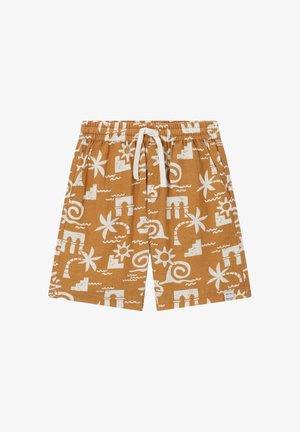 Short marron avec motifs tropicaux et architecturaux blancs, taille élastique avec cordon blanc et poches latérales.