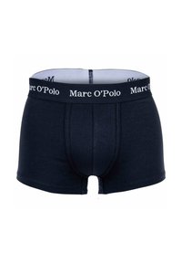 Boxer shorts in cotone blu scuro con una morbida cintura elastica che presenta il marchio bianco "Marc O'Polo" e un design aderente.