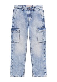 Svetloplave denim cargo hlače z usnjenim videzom, z dvema stranskima žepoma in nekoliko ohlapnim krojem. Imajo blagovno znamko na pasu in ojačane šive.
