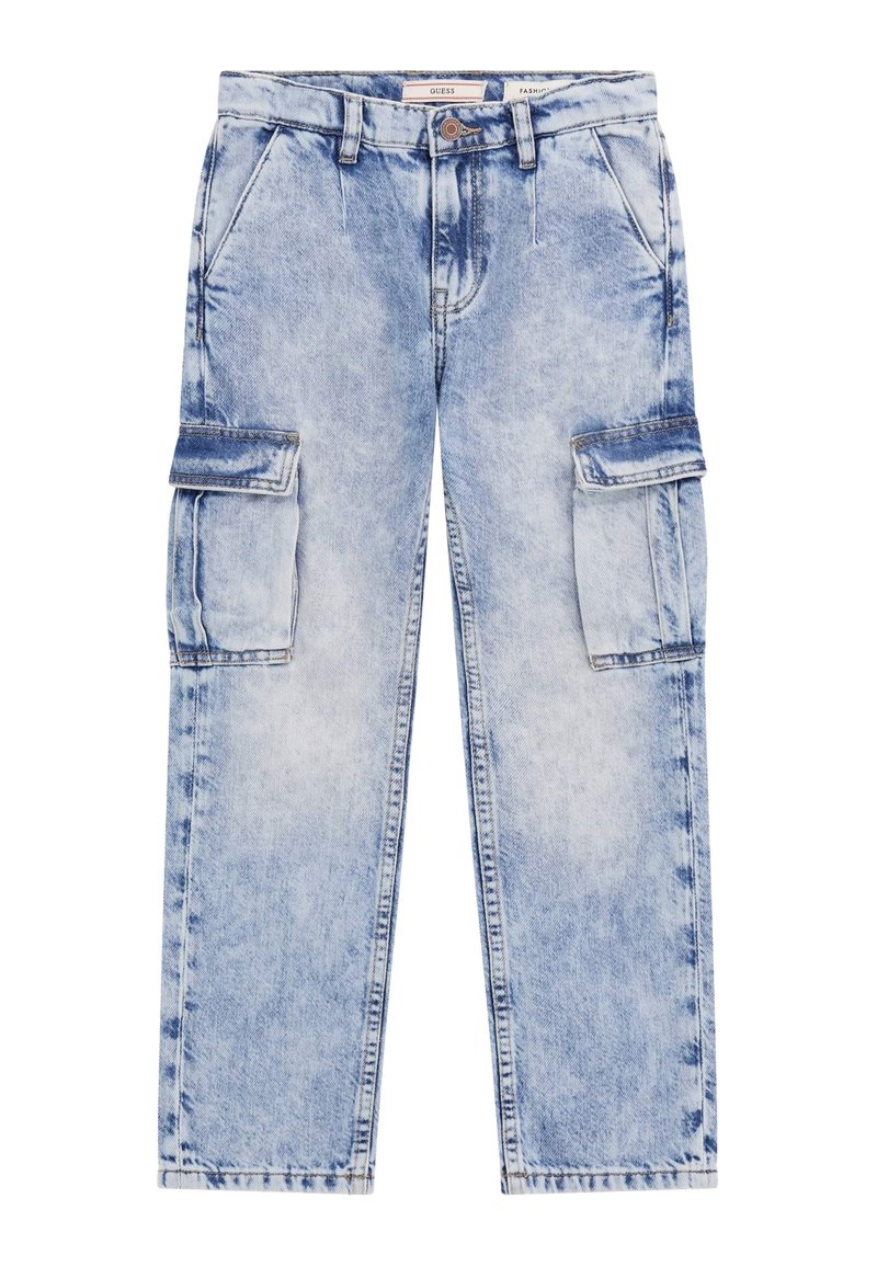 Svetloplave denim cargo hlače z usnjenim videzom, z dvema stranskima žepoma in nekoliko ohlapnim krojem. Imajo blagovno znamko na pasu in ojačane šive.