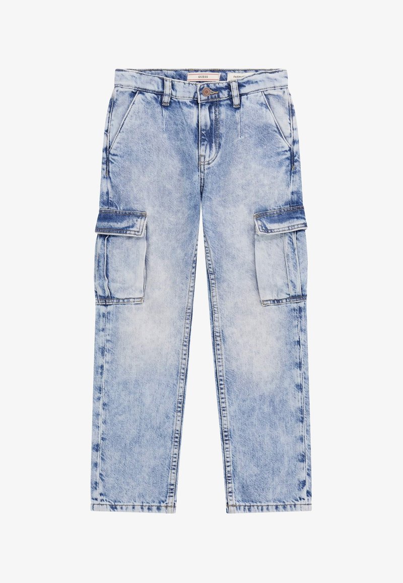 Ljust blå denim cargo byxor med en urtvättad finish, två sidofickor och en något lös passform. Har varumärkes-präglad midja och förstärkt sömnad.