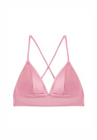 Bralette triangular rosa con finas tiras cruzadas. Fabricado en una tela suave, con un diseño sin costuras y un acabado mate suave.