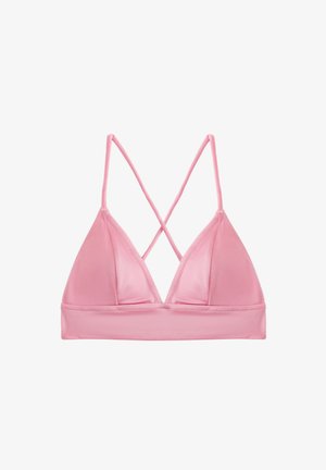 Lyserød trekantet bralette med tynde overlappende stropper. Fremstillet af glat stof, med en sømløs design og en blød, mat overflade.