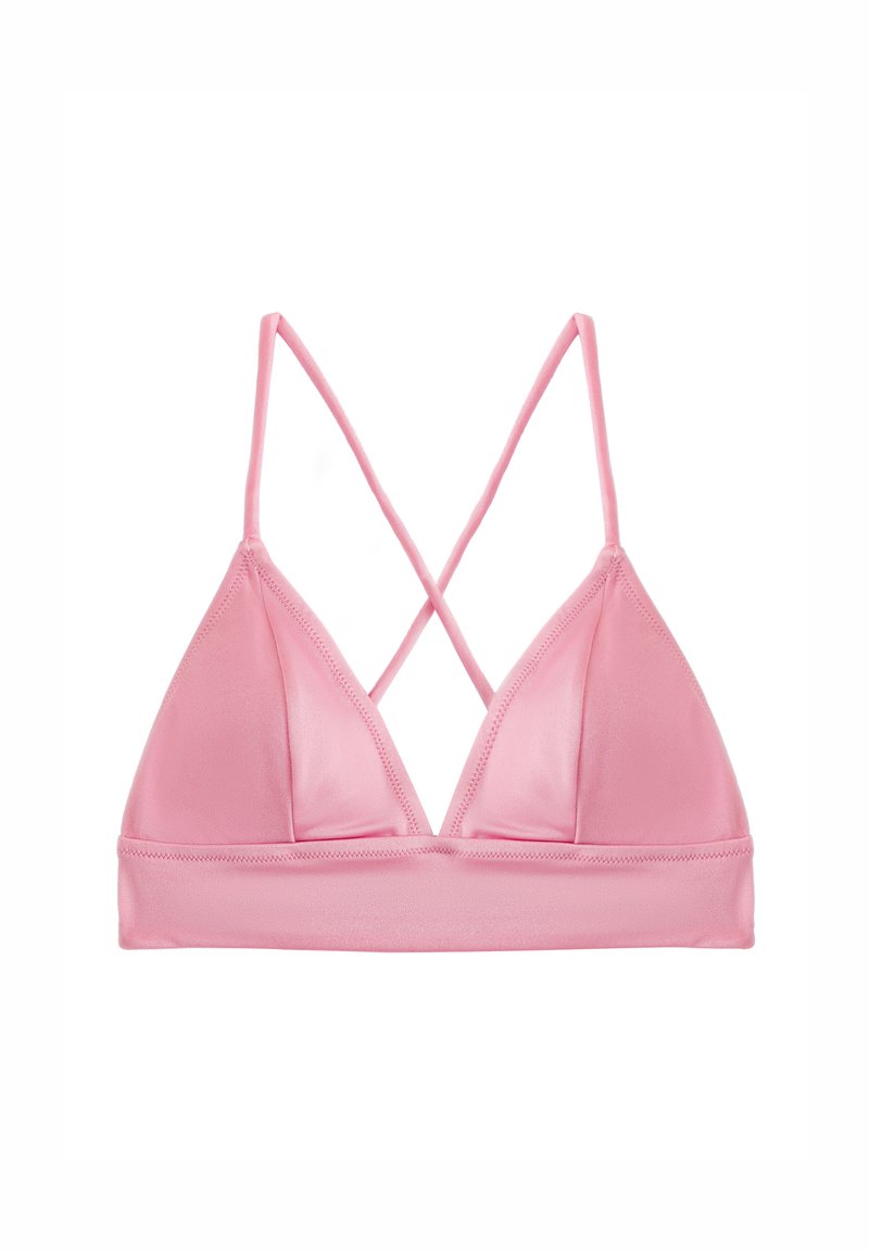 Bralette triangular rosa con finas tiras cruzadas. Fabricado en una tela suave, con un diseño sin costuras y un acabado mate suave.