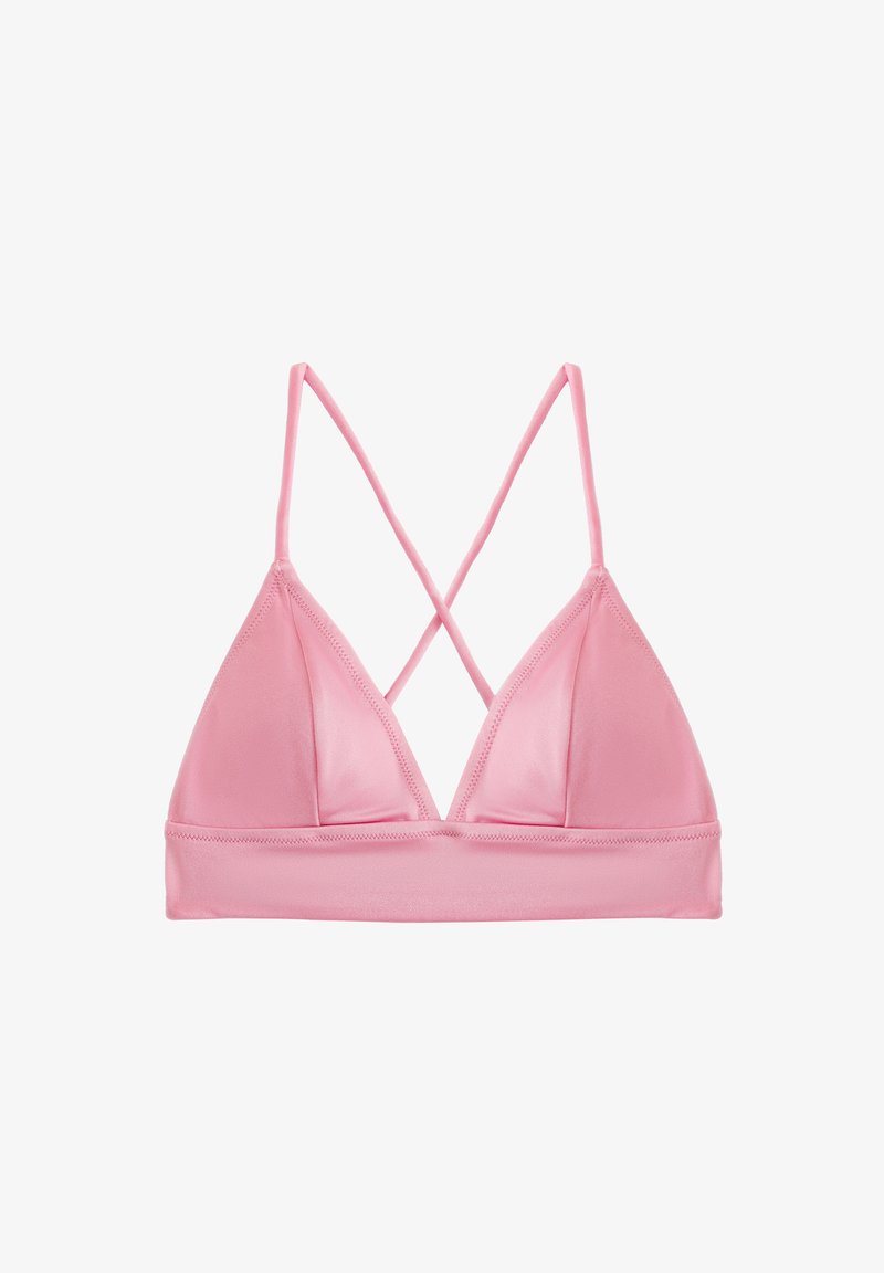 Roze driehoekige bralette met dunne kruislings straps. Gemaakt van gladde stof, met een naadloos ontwerp en een zachte, matte afwerking.