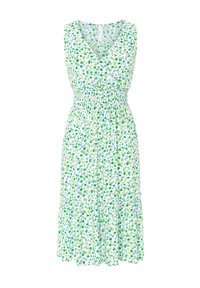 Vestido sin mangas con escote en V, que presenta una cintura fruncida y un dobladillo en capas. La tela tiene una base blanca con patrones de puntos en verde y azul.