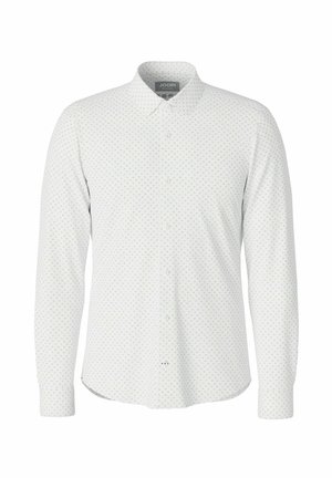 Weißes Hemd mit langen Ärmeln, Knopfleiste, feinem kleinem grauem geometrischem Muster und klassischem Kragen.