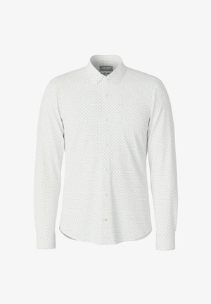 White long-sleeve button-up shirt with subtle small gray geometric pattern and classic collar.